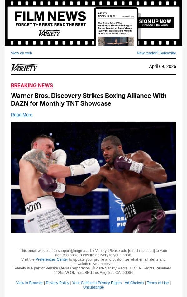 Warner Bros. Discovery Strikes Boxing Alliance With DAZN for Monthly TNT Showcase email from Variety screenshot