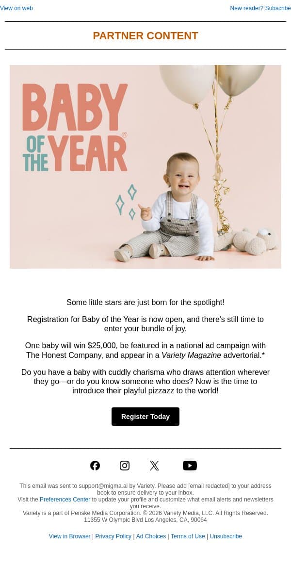 Know a baby who’s born for stardom? email from Variety screenshot