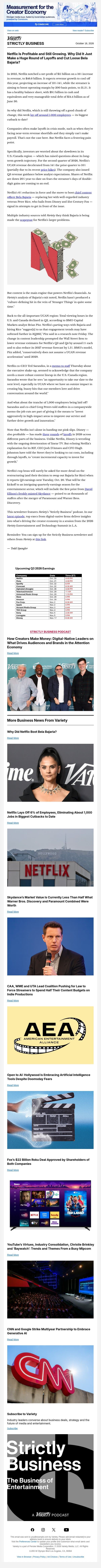 Strictly Business Newsletter & Podcast: Netflix Cuts Heads; Bela Bajaria Booted; Ellison's Wall Street Woes; How Digital Creators Make Money; and More email from Variety screenshot