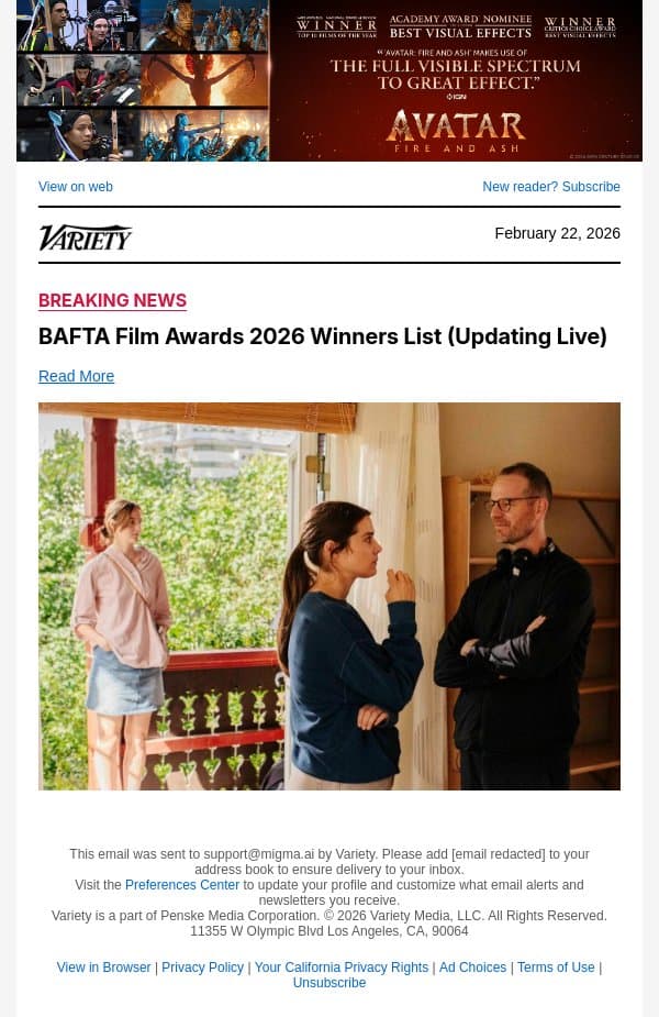 'Sentimental Value' Wins BAFTA for Film Not in English Language email from Variety screenshot