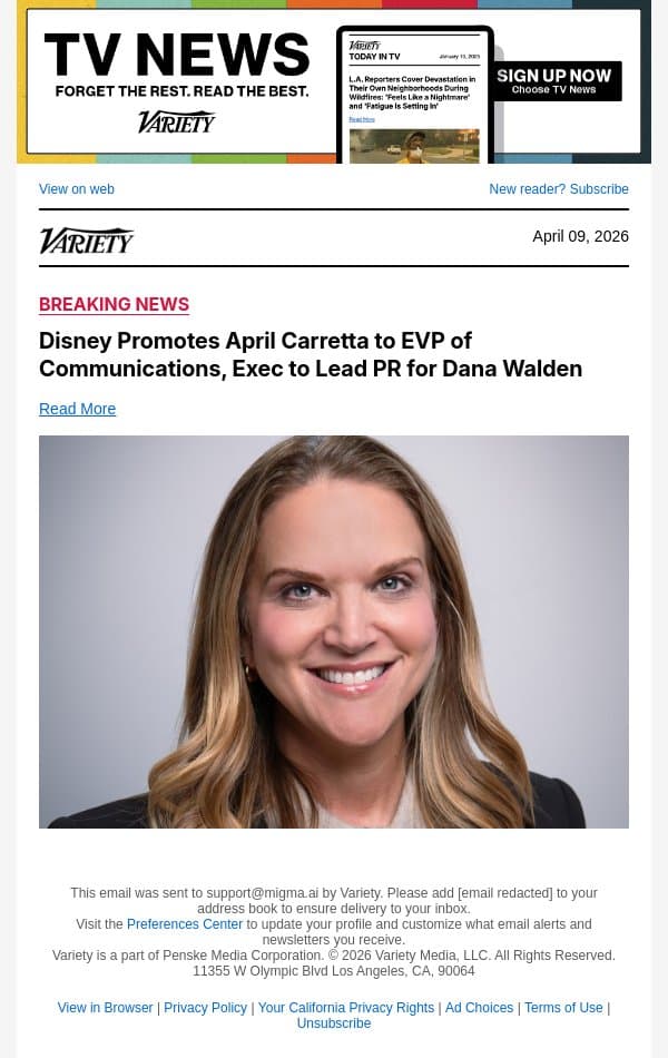 Disney Promotes April Carretta to EVP of Communications, Exec to Lead PR for Dana Walden email from Variety screenshot