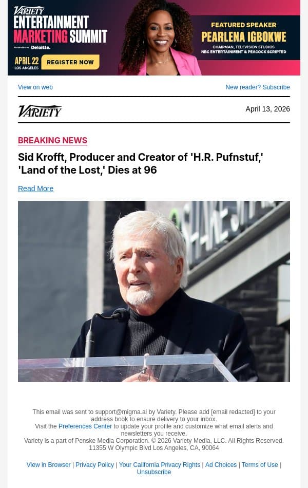 Sid Krofft, Producer and Creator of 'H.R. Pufnstuf,' 'Land of the Lost,' Dies at 96 email from Variety screenshot