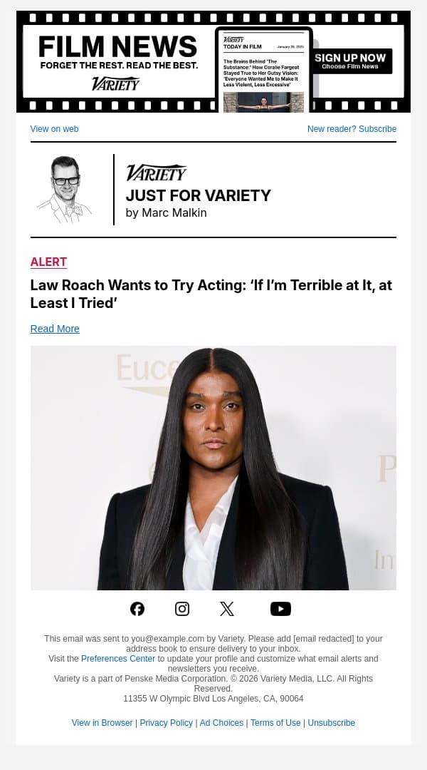 Law Roach Wants to Try Acting: ‘If I’m Terrible at It, at Least I Tried’ email from Variety screenshot