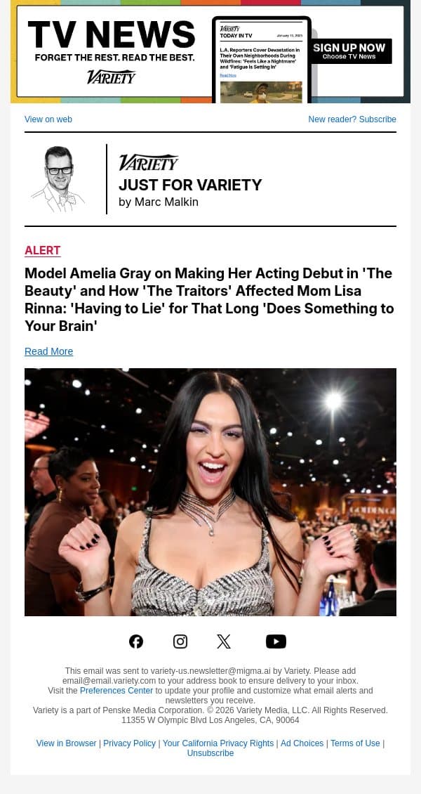 Model Amelia Gray on Making Her Acting Debut in 'The Beauty' and How 'The Traitors' Affected Mom Lisa Rinna: 'Having to Lie' for That Long 'Does Something to Your Brain' email from Variety screenshot
