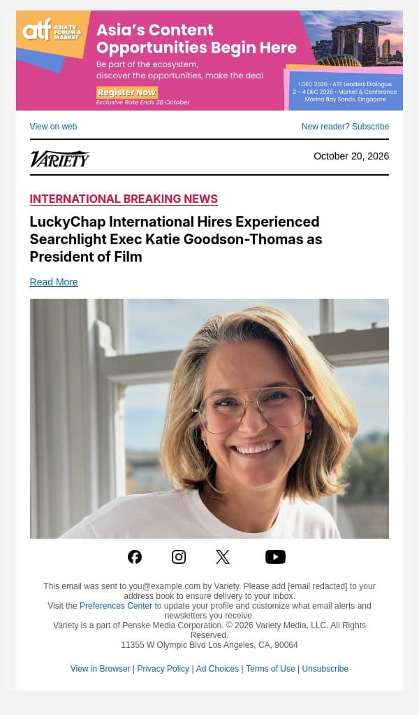 LuckyChap International Hires Experienced Searchlight Exec Katie Goodson-Thomas as President of Film email from Variety screenshot