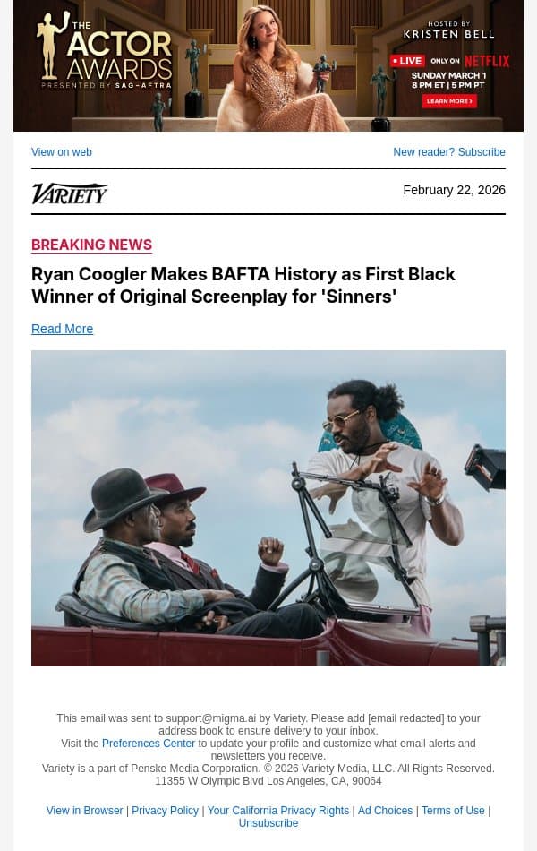 Ryan Coogler Makes BAFTA History as First Black Winner of Original Screenplay for 'Sinners' email from Variety screenshot