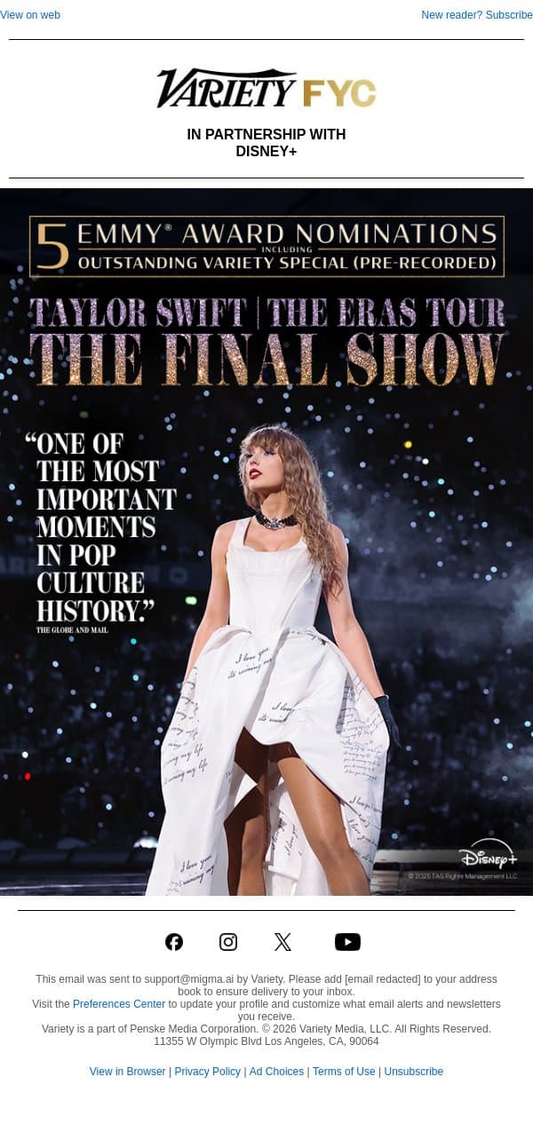 TAYLOR SWIFT |THE ERAS TOUR | THE FINAL SHOW is nominated for 5 Emmy Awards including Outstanding Variety Special (Pre-Recorded) email from Variety screenshot