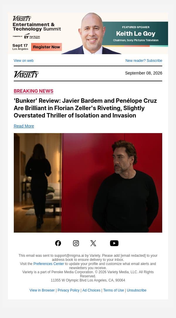 'Bunker' Review: Javier Bardem and Penélope Cruz Are Brilliant in Florian Zeller's Riveting, Slightly Overstated Thriller of Isolation and Invasion email from Variety screenshot