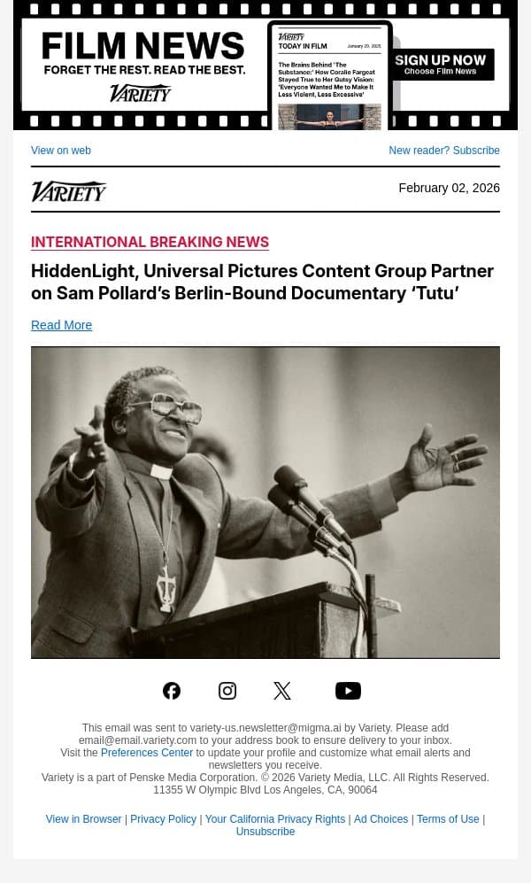 HiddenLight, Universal Pictures Content Group Partner on Sam Pollard’s Berlin-Bound Documentary ‘Tutu’ email from Variety screenshot