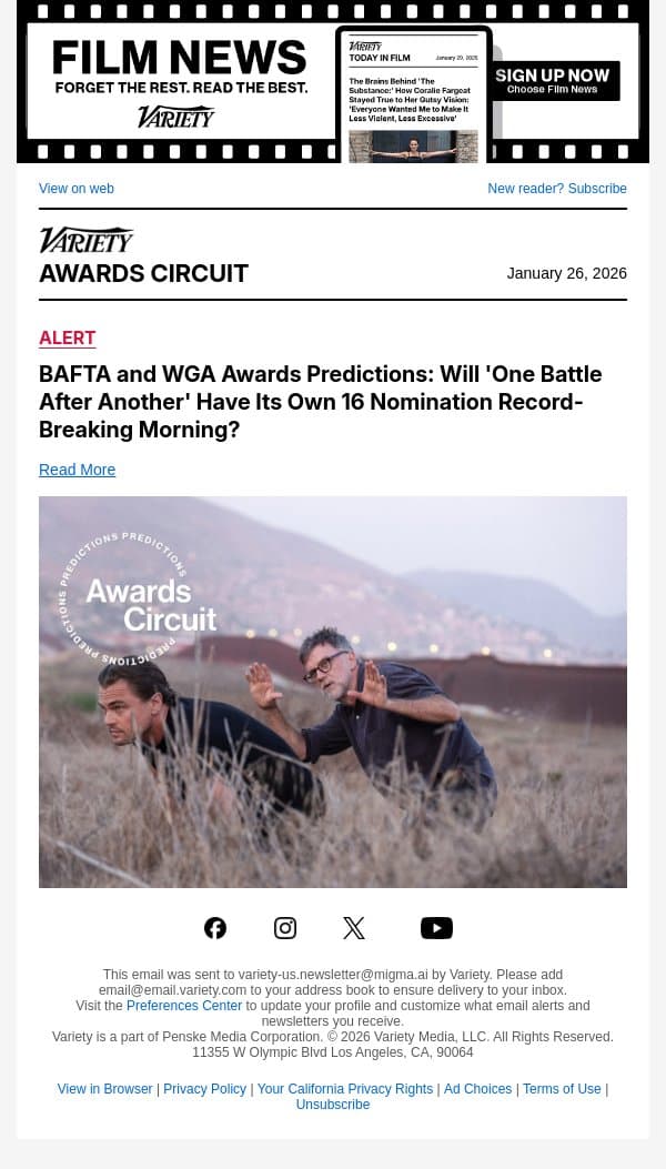 BAFTA and WGA Awards Predictions: Will 'One Battle After Another' Have Its Own 16 Nomination Record-Breaking Morning? email from Variety screenshot