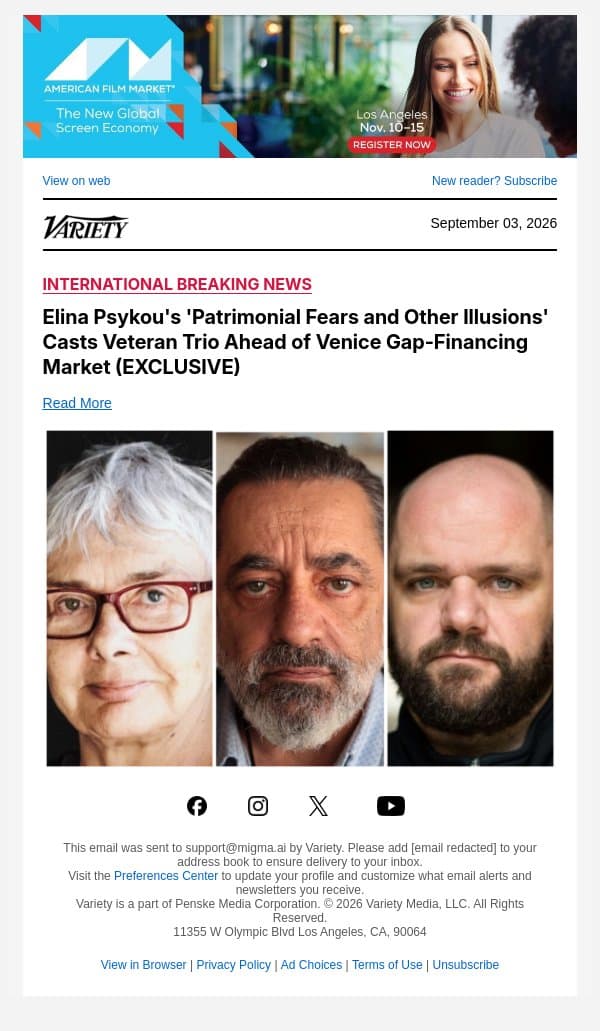 Elina Psykou's 'Patrimonial Fears and Other Illusions' Casts Veteran Trio Ahead of Venice Gap-Financing Market (EXCLUSIVE) email from Variety screenshot
