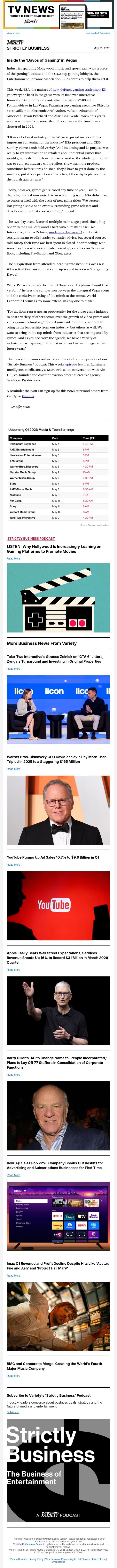 Strictly Business Newsletter & Podcast: Inside Gaming's Vegas Meetup; Why Hollywood Is Prioritizing Gaming Platforms for Movie Marketing; Zaslav's Massive 2025 Pay; Apple, Roku, Imax Earnings; and More email from Variety screenshot
