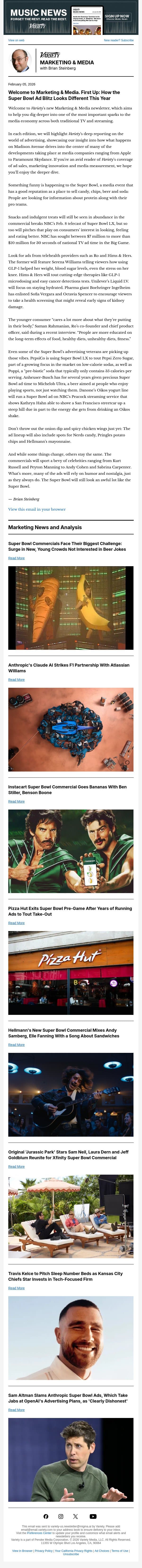 Marketing & Media Newsletter: A Different Super Bowl; Anthropic's Sports Deal; Madison Ave. Scrambles For New Super Bowl Crowds email from Variety screenshot