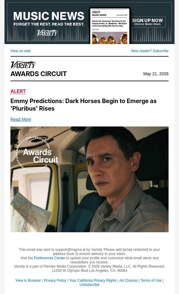 Emmy Predictions: Dark Horses Begin to Emerge as 'Pluribus' Rises email from Variety screenshot