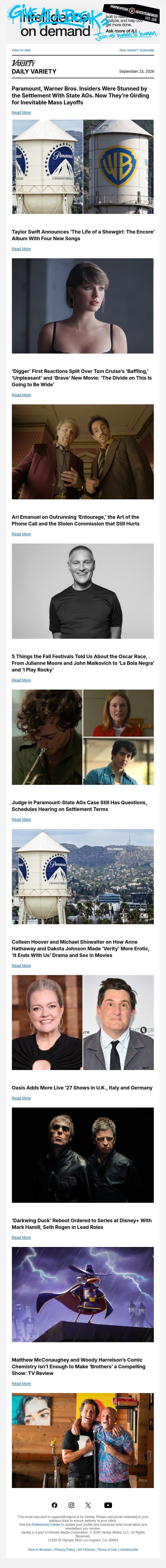 Paramount, WB Insiders Stunned at Settlement; Taylor Swift Reveals New Songs; 'Digger' First Reactions Are Split email from Variety screenshot