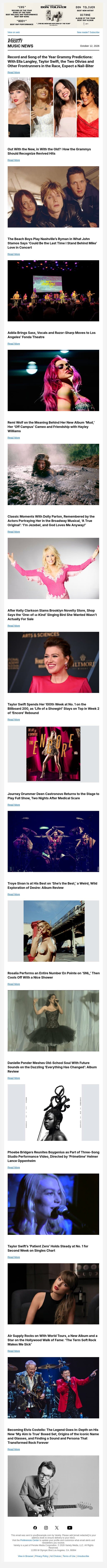 Grammy Record of the Year Predictions; Mike Love Makes What Could Be Last Beach Boys Appearances; Adéla Captivates L.A. in Concert email from Variety screenshot