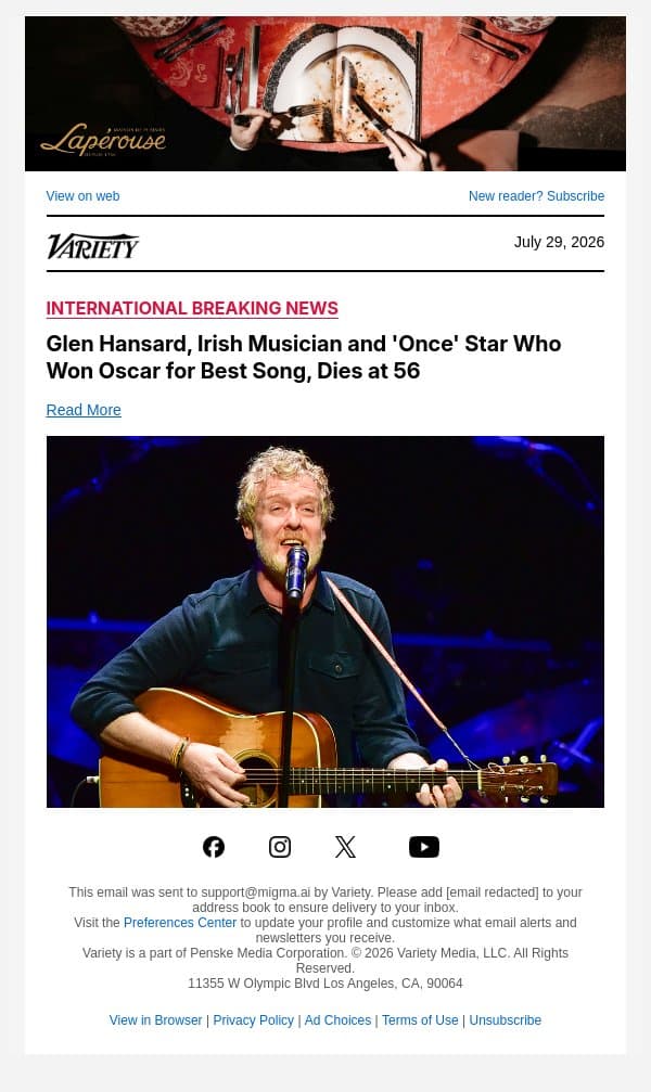 Glen Hansard, Irish Musician and 'Once' Star Who Won Oscar for Best Song, Dies at 56 email from Variety screenshot