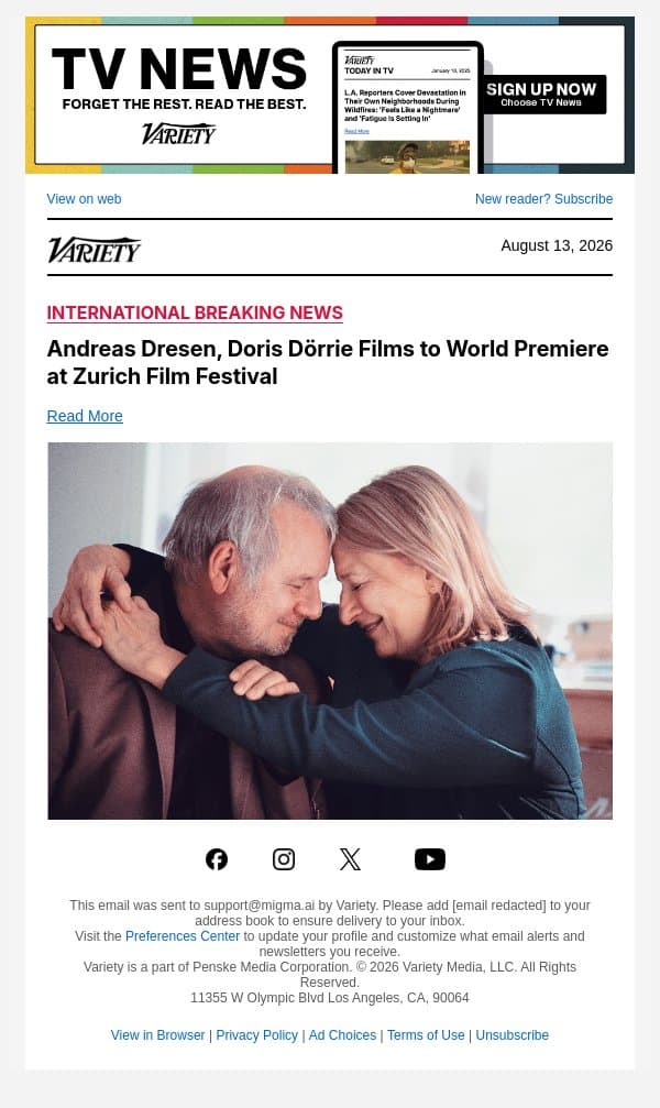 Andreas Dresen, Doris Dörrie Films to World Premiere at Zurich Film Festival email from Variety screenshot