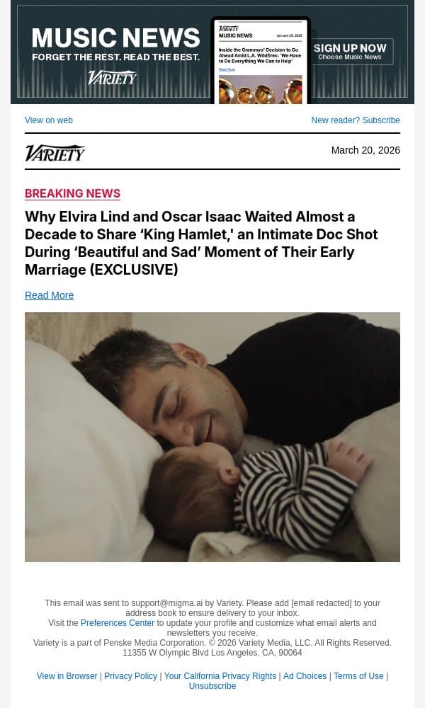 Why Elvira Lind and Oscar Isaac Waited Almost a Decade to Share ‘King Hamlet,' an Intimate Doc Shot During ‘Beautiful and Sad’ Moment of Their Early Marriage (EXCLUSIVE) email from Variety screenshot