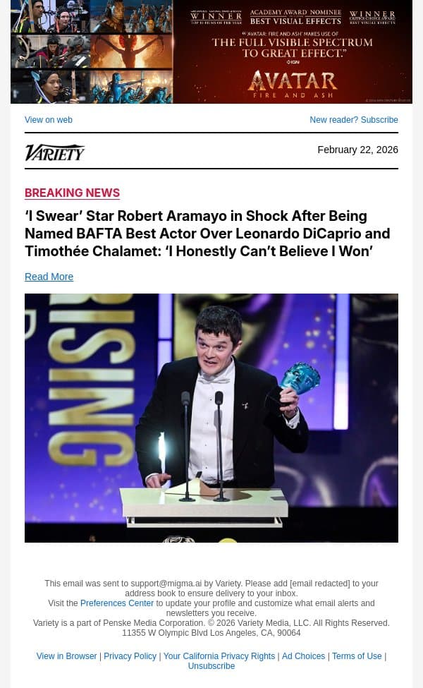 ‘I Swear’ Star Robert Aramayo in Shock After Being Named BAFTA Best Actor Over Leonardo DiCaprio and Timothée Chalamet: ‘I Honestly Can’t Believe I Won’ email from Variety screenshot