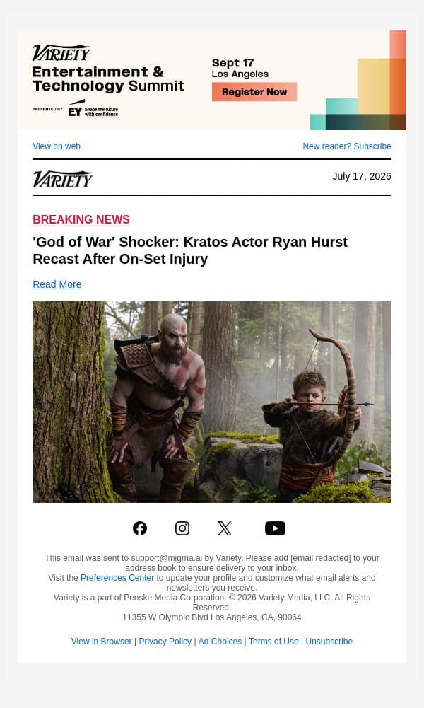 'God of War' Shocker: Kratos Actor Ryan Hurst Recast After On-Set Injury email from Variety screenshot