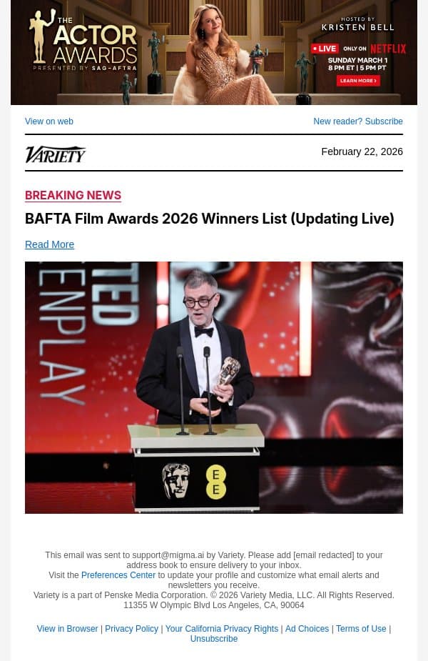 Paul Thomas Anderson Wins BAFTA for Best Director for 'One Battle After Another' email from Variety screenshot
