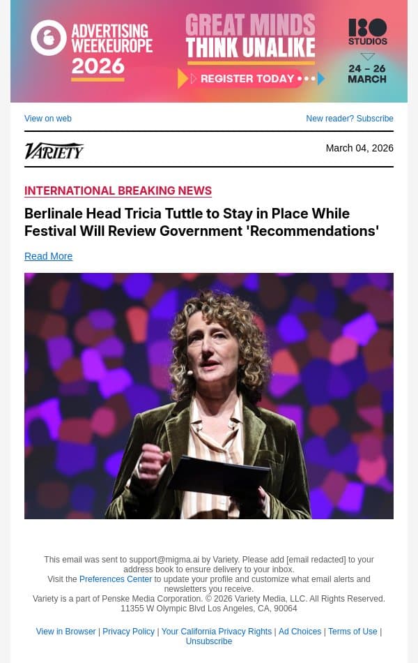 Berlinale Head Tricia Tuttle to Stay in Place While Festival Will Review Government 'Recommendations' email from Variety screenshot