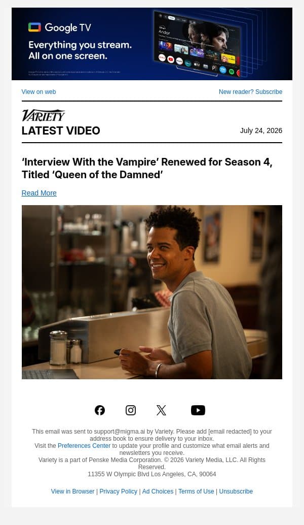 ‘Interview With the Vampire’ Renewed for Season 4, Titled ‘Queen of the Damned’ email from Variety screenshot