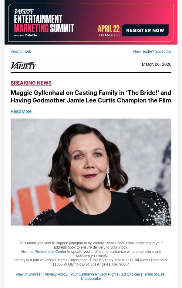 Maggie Gyllenhaal on Casting Family in ‘The Bride!’ and Having Godmother Jamie Lee Curtis Champion the Film email from Variety screenshot