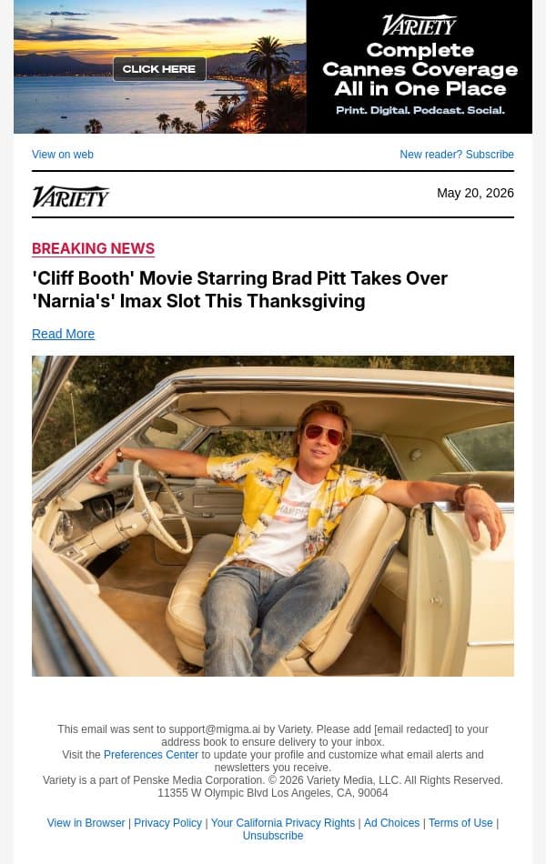 'Cliff Booth' Movie Starring Brad Pitt Takes Over 'Narnia's' Imax Slot This Thanksgiving email from Variety screenshot