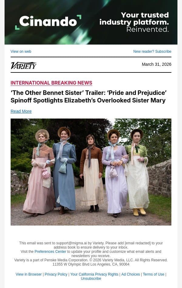 ‘The Other Bennet Sister’ Trailer: ‘Pride and Prejudice’ Spinoff Spotlights Elizabeth’s Overlooked Sister Mary email from Variety screenshot