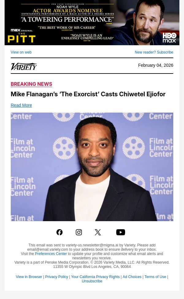 Mike Flanagan’s ‘The Exorcist’ Casts Chiwetel Ejiofor email from Variety screenshot