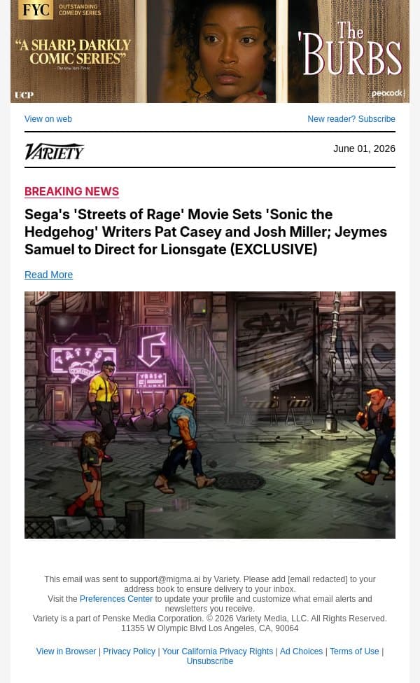 Sega's 'Streets of Rage' Movie Sets 'Sonic the Hedgehog' Writers Pat Casey and Josh Miller; Jeymes Samuel to Direct for Lionsgate (EXCLUSIVE) email from Variety screenshot