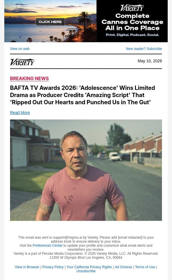 BAFTA TV Awards 2026: 'Adolescence' Wins Limited Drama as Producer Credits 'Amazing Script' That 'Ripped Out Our Hearts and Punched Us in The Gut' email from Variety screenshot