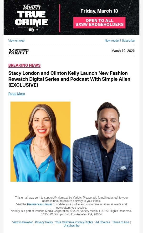 Stacy London and Clinton Kelly Launch New Fashion Rewatch Digital Series and Podcast With Simple Alien (EXCLUSIVE) email from Variety screenshot