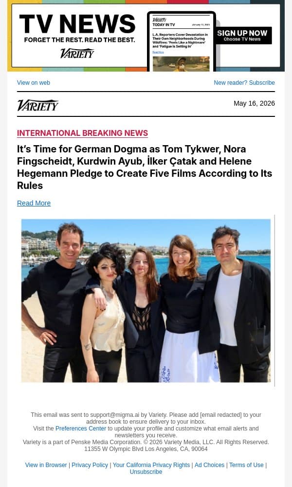 It’s Time for German Dogma as Tom Tykwer, Nora Fingscheidt, Kurdwin Ayub, İlker Çatak and Helene Hegemann Pledge to Create Five Films According to Its Rules email from Variety screenshot