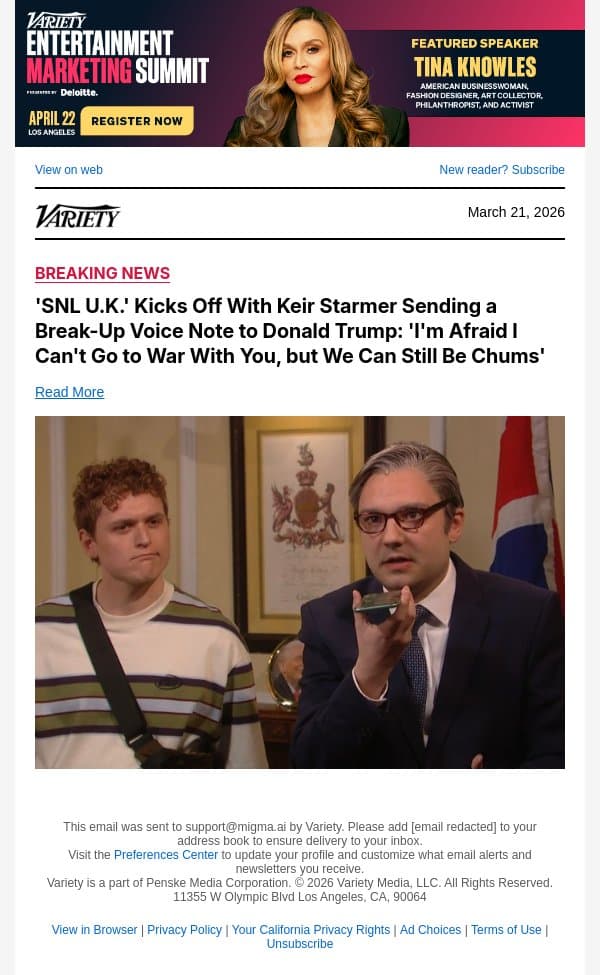 'SNL U.K.' Kicks Off With Keir Starmer Sending a Break-Up Voice Note to Donald Trump: 'I'm Afraid I Can't Go to War With You, but We Can Still Be Chums' email from Variety screenshot