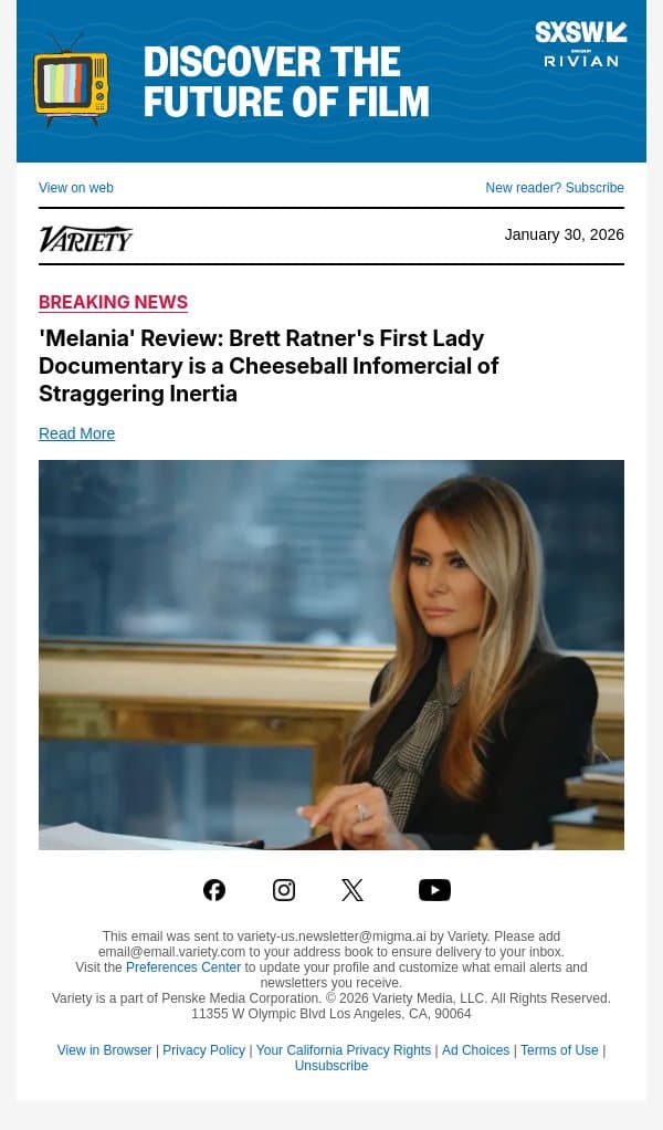 'Melania' Review: Brett Ratner's First Lady Documentary is a Cheeseball Infomercial of Straggering Inertia email from Variety screenshot