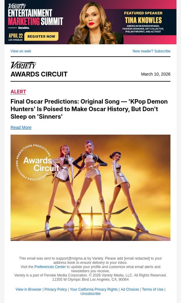 Final Oscar Predictions: Original Song — 'KPop Demon Hunters' Is Poised to Make Oscar History, But Don't Sleep on 'Sinners' email from Variety screenshot
