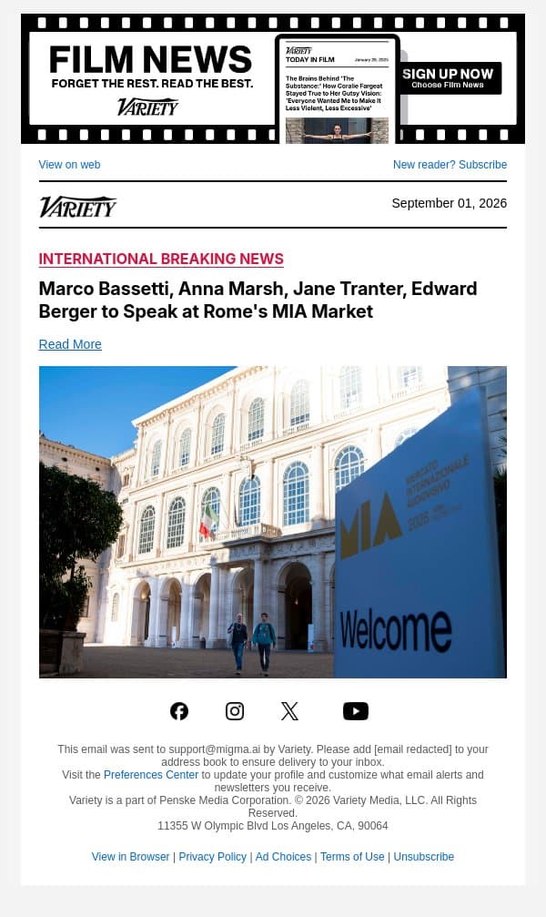 Marco Bassetti, Anna Marsh, Jane Tranter, Edward Berger to Speak at Rome's MIA Market email from Variety screenshot