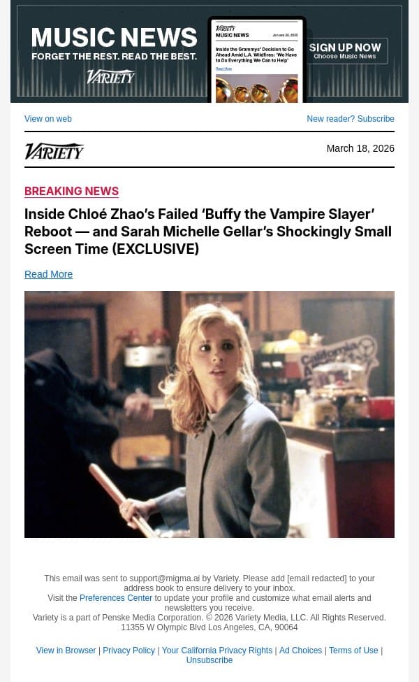 Inside Chloé Zhao’s Failed ‘Buffy the Vampire Slayer’ Reboot — and Sarah Michelle Gellar’s Shockingly Small Screen Time (EXCLUSIVE) email from Variety screenshot