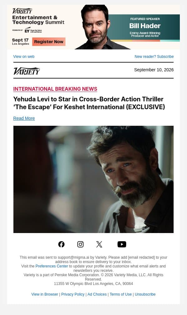 Yehuda Levi to Star in Cross-Border Action Thriller ‘The Escape’ For Keshet International (EXCLUSIVE) email from Variety screenshot