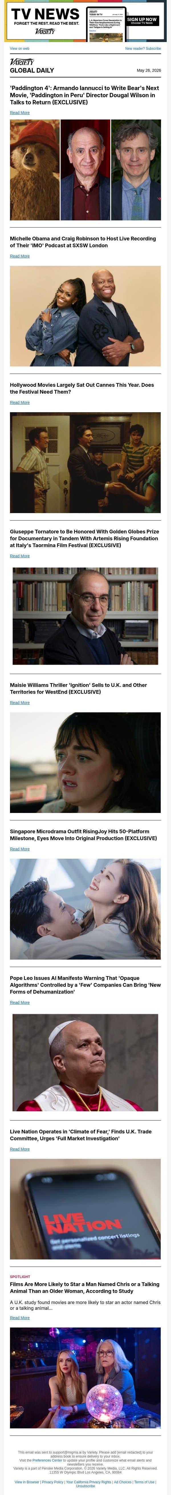 'Paddington 4' Finds Writers and Director; Michelle Obama Heading to SXSW London; Cannes Analysis email from Variety screenshot