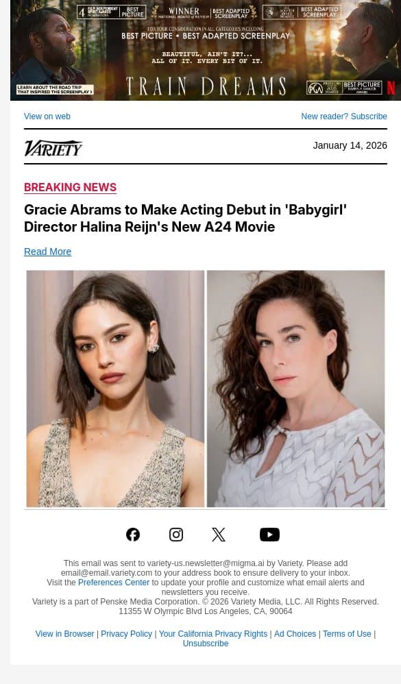 Gracie Abrams to Make Acting Debut in 'Babygirl' Director Halina Reijn's New A24 Movie email from Variety screenshot