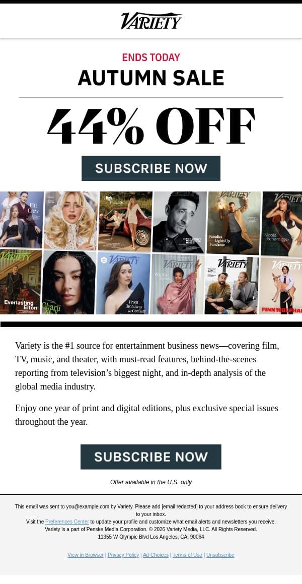 Final Hours: Save 44% on Variety Magazine email from Variety screenshot