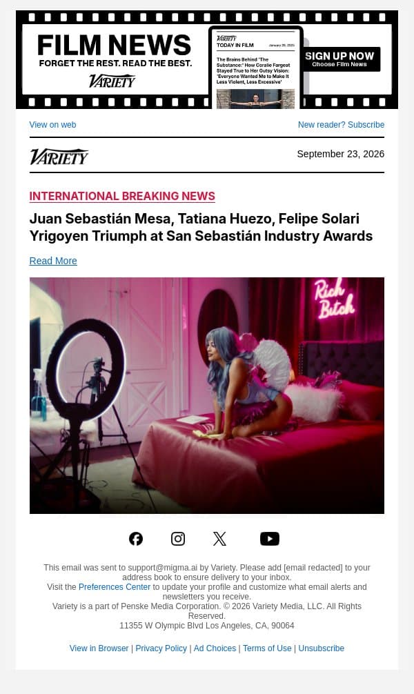 Juan Sebastián Mesa, Tatiana Huezo, Felipe Solari Yrigoyen Triumph at San Sebastián Industry Awards email from Variety screenshot
