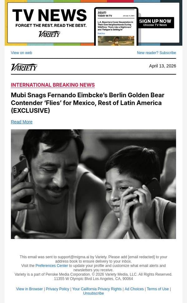 Mubi Snags Fernando Eimbcke’s Berlin Golden Bear Contender ‘Flies’ for Mexico, Rest of Latin America (EXCLUSIVE) email from Variety screenshot