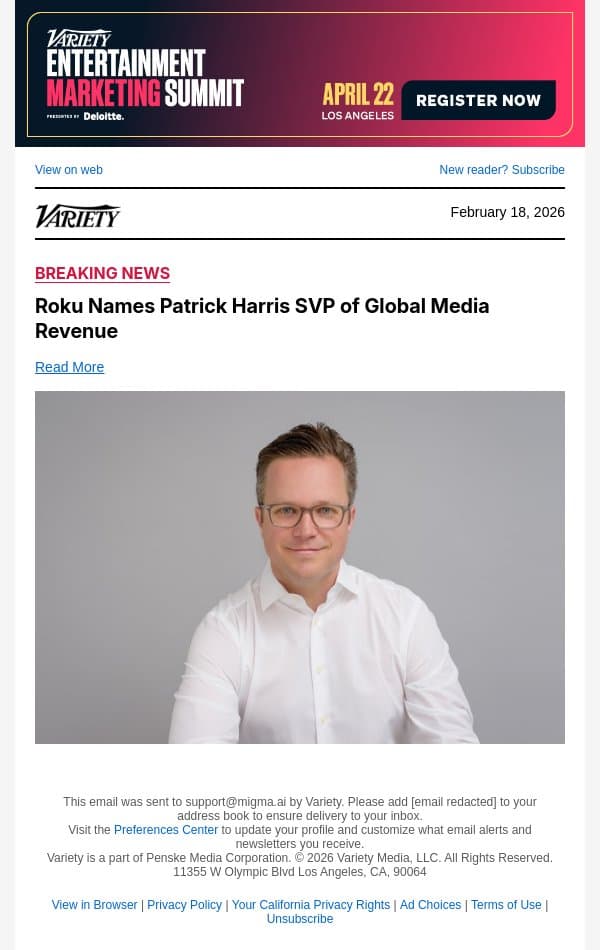 Roku Names Patrick Harris SVP of Global Media Revenue email from Variety screenshot