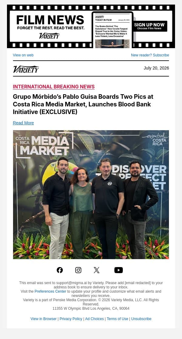 Grupo Mórbido’s Pablo Guisa Boards Two Pics at Costa Rica Media Market, Launches Blood Bank Initiative (EXCLUSIVE) email from Variety screenshot