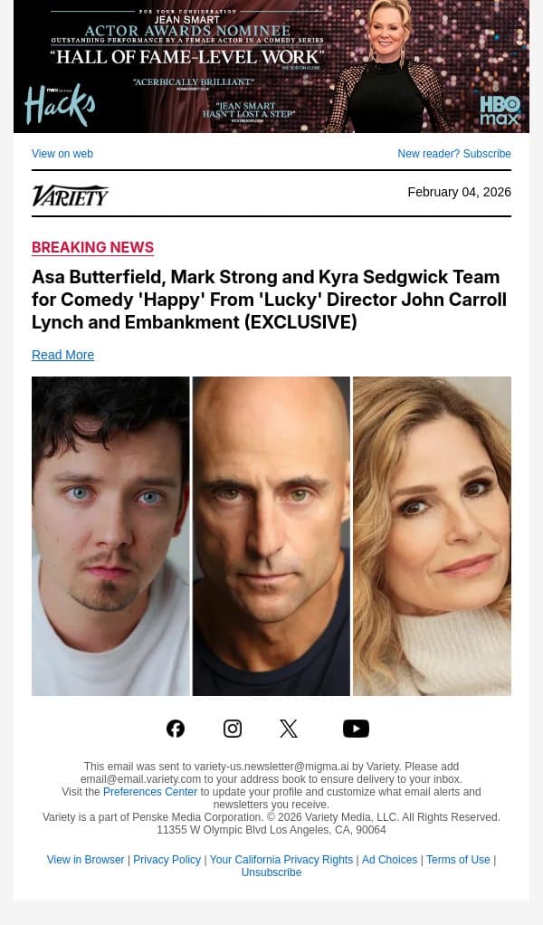 Asa Butterfield, Mark Strong and Kyra Sedgwick Team for Comedy 'Happy' From 'Lucky' Director John Carroll Lynch and Embankment (EXCLUSIVE) email from Variety screenshot